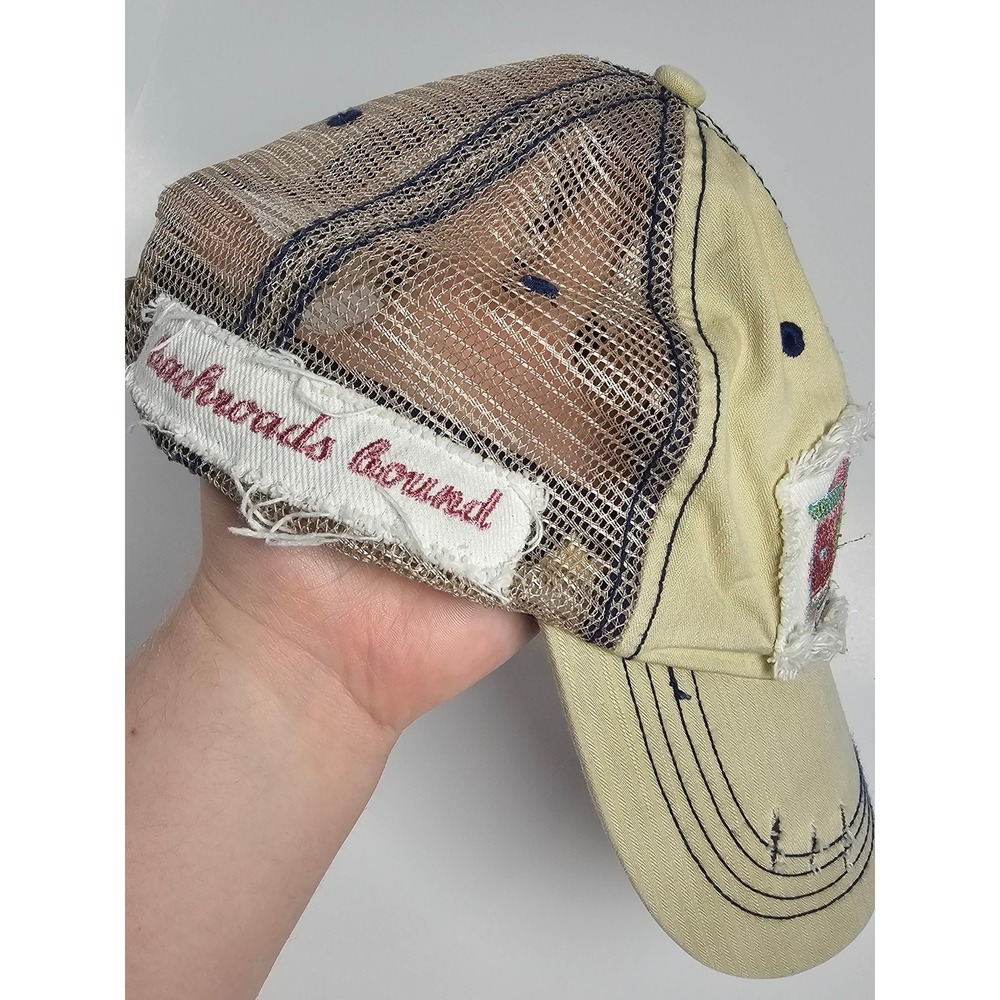 Backroads Bound Camper Trailer Distressed Trucker Hat Tan Navy Mesh Back Cap - Picture 4 of 9